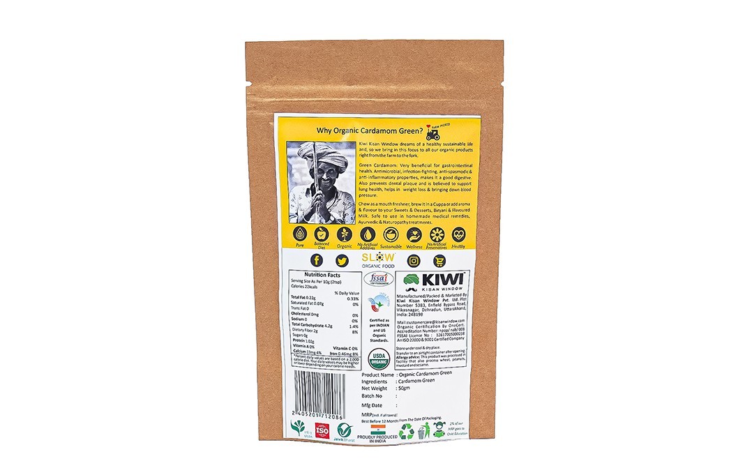 Kiwi Kisan Window Organic Cardamom Green    Pack  50 grams